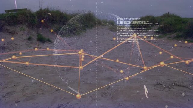 Digital overlay appearing on dune path growing golden lattice rotating dotted sphere showing tech