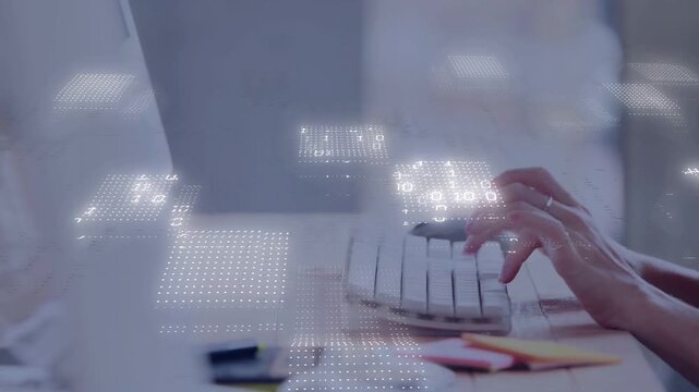 Hands settling onto keys, typing steadily while dot overlay intensifying shifting visualizing data