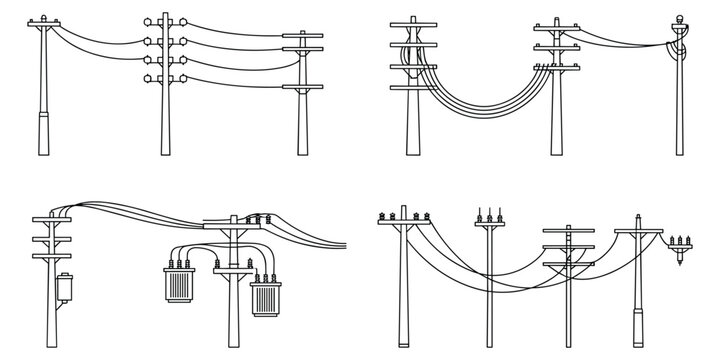 Overhead Power Line Poles with Transformers and Wires Line Art vector illustration