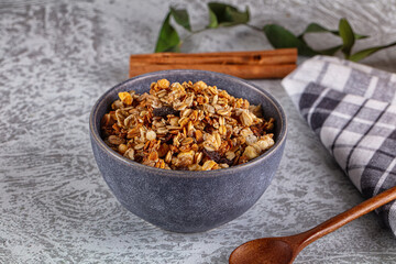 Fototapeta premium Dry Muesli granola snack with cereal, nuts and berries