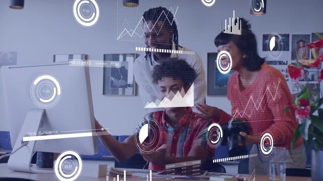Vertical video: Team at desk seated operator using controls HUD charts growing confirming design