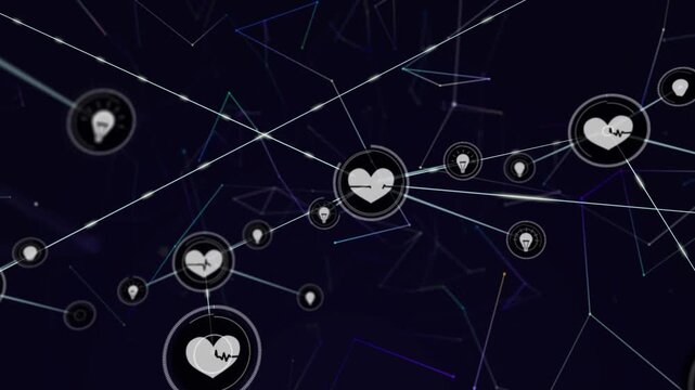 Central heart pulsing, spawning linked nodes, camera zooming out, showing health network growth