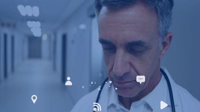 MD stethoscope standing hall, blue-scrub nurse on phone initiating icons, he lifting gaze for care