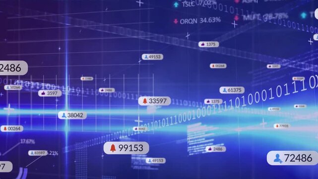 Beam brightening, data badges and binary ribbons drifting, enlarging, highlighting analytics alerts