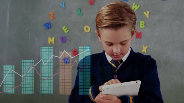 Student tapping tablet in school, charts and trendlines animating over tablet, visualizing progress