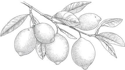 Intricate line drawing of lemon branch with ripe fruits and detailed patterned leaves