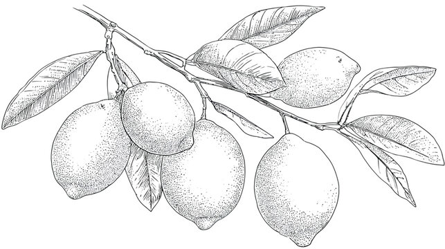 Intricate line drawing of lemon branch with ripe fruits and detailed patterned leaves