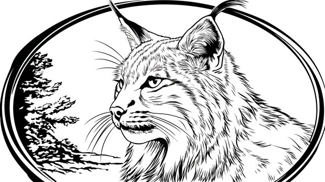 Stylized line drawing of a bobcat facing left, framed in an oval with a coniferous tree