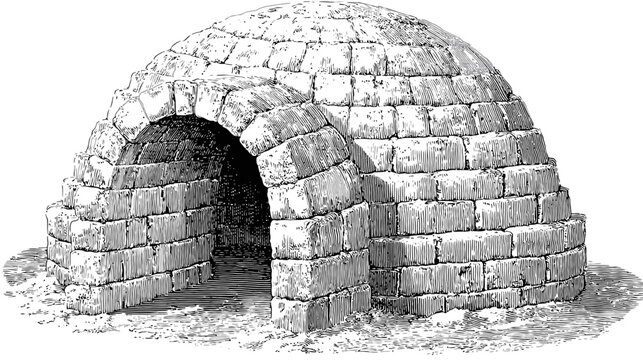 Hatch drawing of an igloo structure made from stacked blocks with a domed roof