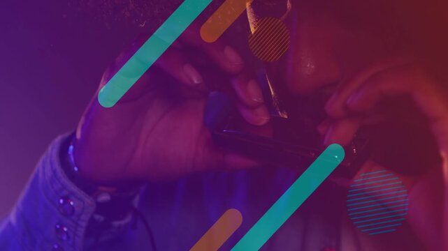 Male musician bringing harp to mouth, adjusting grip, playing music ad, overlays shifting over face