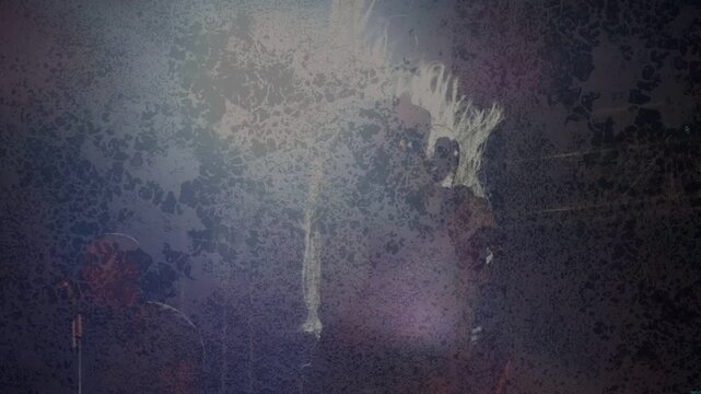 Female singer rising causing hair flipping into arcs in music, man by mic, backlight haze grain