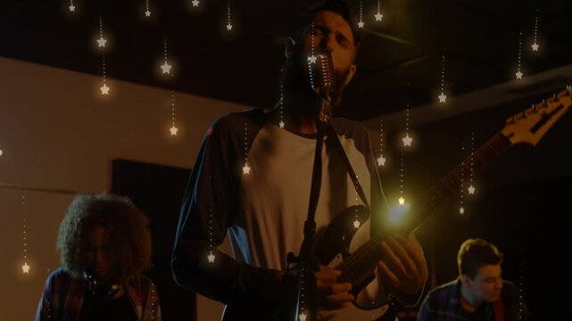 Vertical video: Singer stepping forward to lead, camera shifting, band playing guitar with sparkles