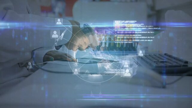 Lab tech using scanner near tubes, tapping tablet and keys, logging samples while HUD linking