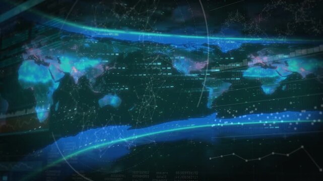 Teal global map showing ribbon brightening and starting eastward data flow, tracking metrics