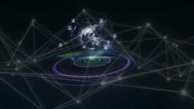 Flare rising above rings making rotating globe, nodes filling mesh and adding icons, showing tech