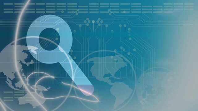 Glowing streaks sweeping in from left making magnifier pulsing forming spirals on map showing data