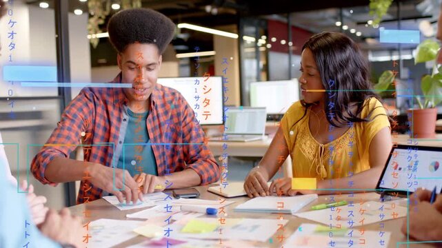 Arranging cards, plaid-shirt man and yellow top woman sorting ideas at shared table with UI overlay
