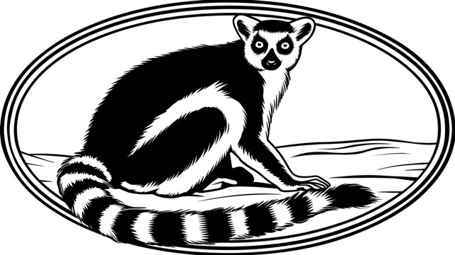 Black and white image of a ring-tailed lemur in an oval frame, sitting