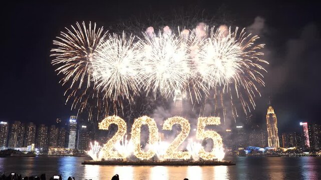 Spectacular fireworks illuminate the harbor to welcome the year 2025 with a dazzling display.