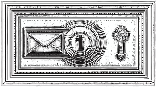 Ornate security box illustration featuring an envelope, keyhole, and antique key