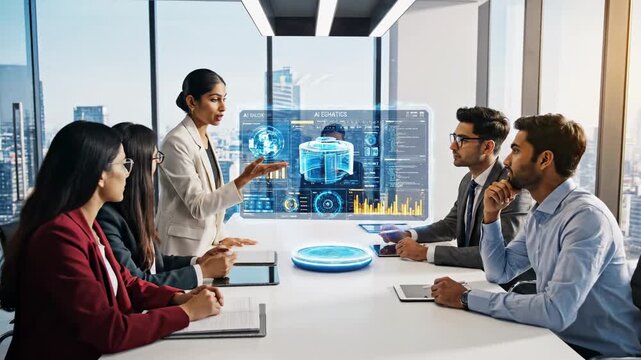 A diverse group of professionals in a modern boardroom, engaged in a presentation featuring advanced holographic technology.