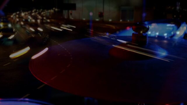 Cymbal vibrating from stick striking during rhythmic gig, streaks sliding across bell and edge