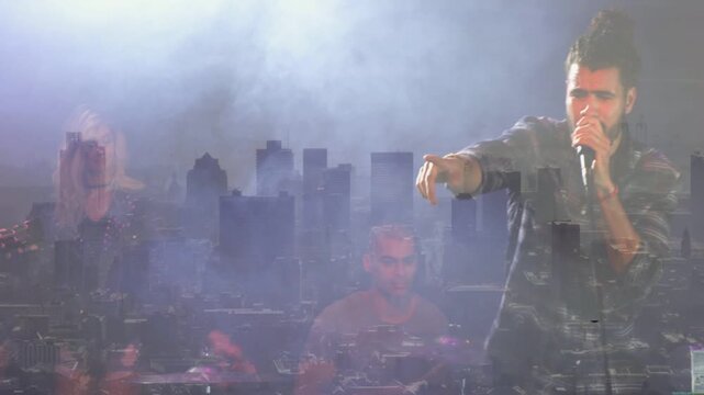 Lead singer moving inward bringing mic singing for focus as city skyline ghosting over music stage