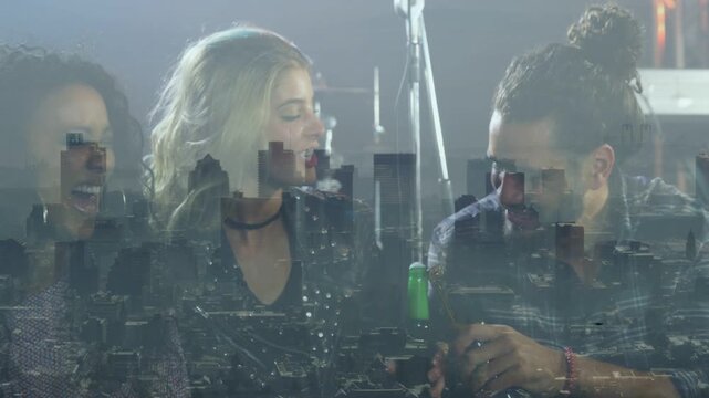Three musicians socializing in studio, man pointing, handing green bottle, skyline overlay merging