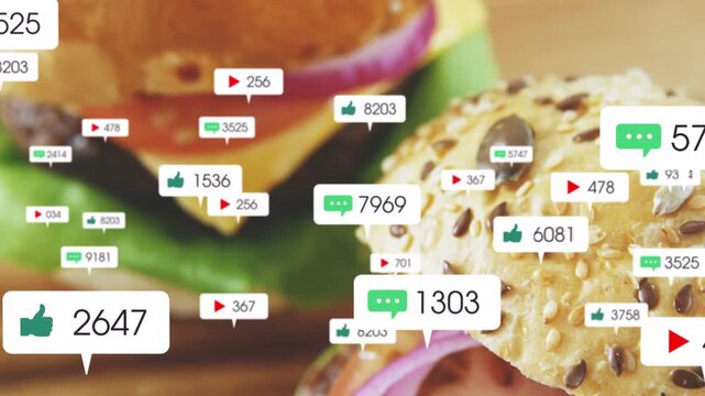 Showing sesame-seed burger with cheese and onion on wooden board, floating callouts multiplying