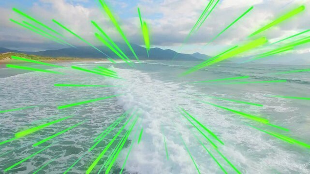 Camera moving over center wake causing neon streaks pulsing shifting blue accent showing for design