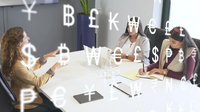 Applicant answering in job interview, panel urging handshake as currency overlay drifting over shot