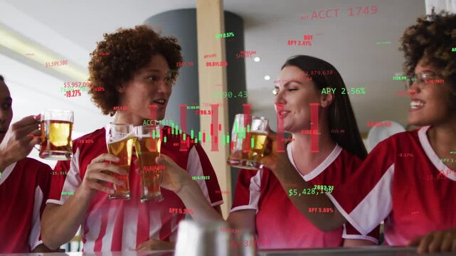 Fans at bar, center leaning lifting pints clinking and cheering, transparent finance charts overlay