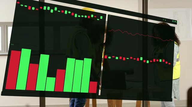 Site worker tapping tablet, causing transparent chart to shift and reveal team for site planning