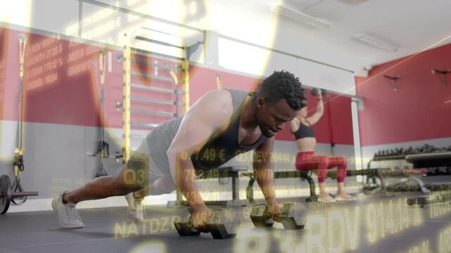 Man starting plank, cycling renegade row and push-up with dumbbells for fitness, ticker overlaying