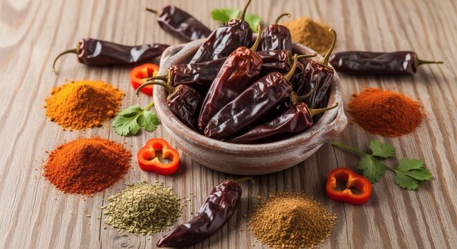 Dark Dried Chipotle Peppers in Bowl Surrounded by Spices and Fresh Chili Slices on Wooden Table perfect for Totally Chipotle Day