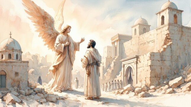Angel announces birth to Zechariah in Jerusalem, digital watercolor painting.