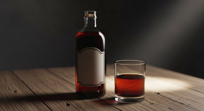 Whiskey Bottle and Glass on Rustic Wooden Table with Dramatic Spotlight perfect for World Buckfast Day