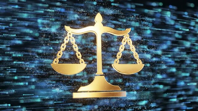 Golden scales of justice symbolizing legal fairness and balance against a backdrop of digital data streams.