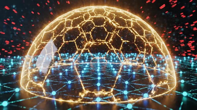 A glowing hexagonal force field dome protects a digital network of blue nodes and red particles.