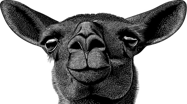 High-contrast illustration of a llama's face, viewed from the front, in black and white