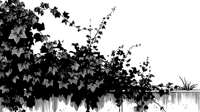 Black and white vector image of dense climbing ivy with a grass tuft above a wall