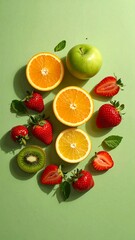 Naklejka premium A vibrant arrangement of sliced oranges, strawberries, kiwi, and an apple