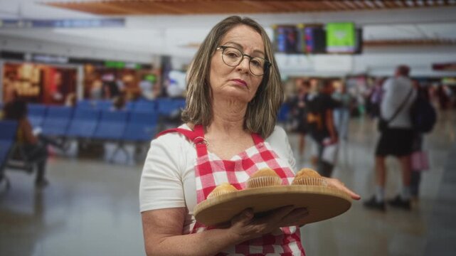 Hispanic woman holding muffins on a wooden tray with hands, wearing red gingham apron in airport; quiet patience.