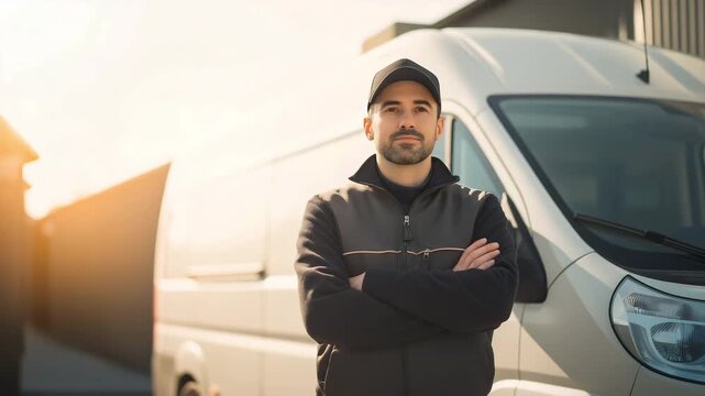 Delivery driver standing confidently with arms crossed in front of van, modern uniform, professional look