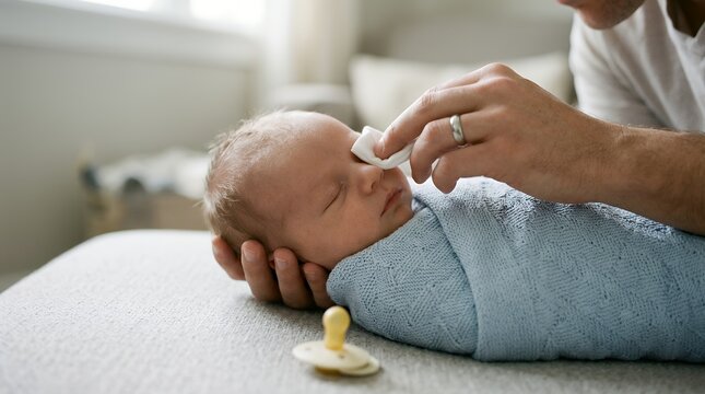 Newborn baby hygiene care, father cleaning infant face with cotton pad, swaddled newborn in blue blanket, gentle parental bonding and nursery routine