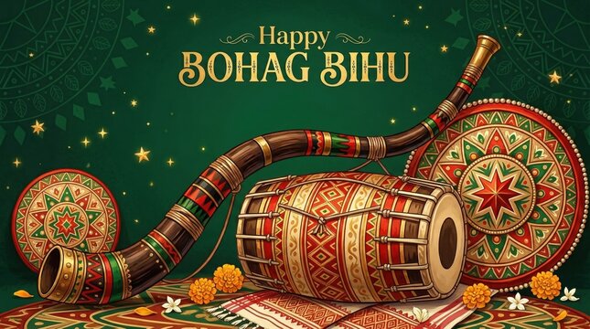 Festive greeting card with ornate drum, curved horn, and patterned round shields; decorative flowers and textile border. Gold text reads &ldquo;Happy BOHAG BIHU&rdquo;
