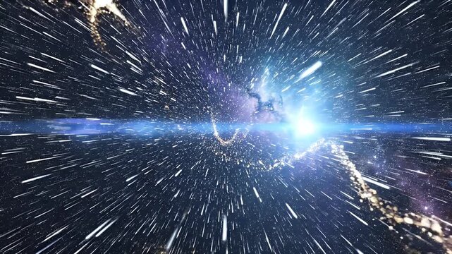 A vibrant and dynamic digital artwork depicts a cosmic warp speed effect with swirling nebulas, bright stars, and streaks of light, evoking a sense of interstellar travel and boundless exploration.