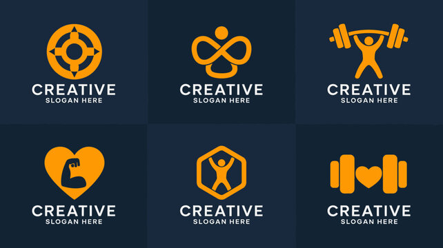 Fitness logo templates with creative slogans and orange icons