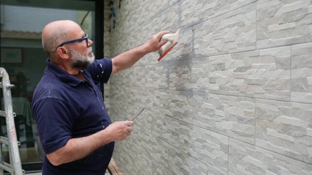 Mature man applying grout to the joints of a new stone effect ceramic tile wall