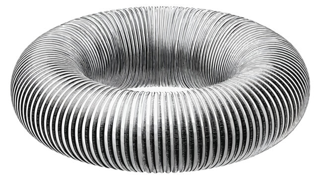 Silver, corrugated material forms an open-centered toroid on a white background